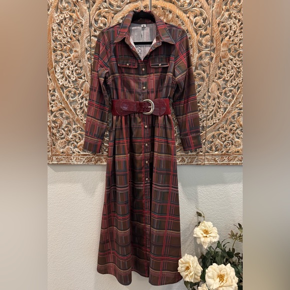 Oyrosy Retro Elegant Classy Lapel Reddish Brown Plaid Maxi Dress w/ Pockets - Picture 2 of 16
